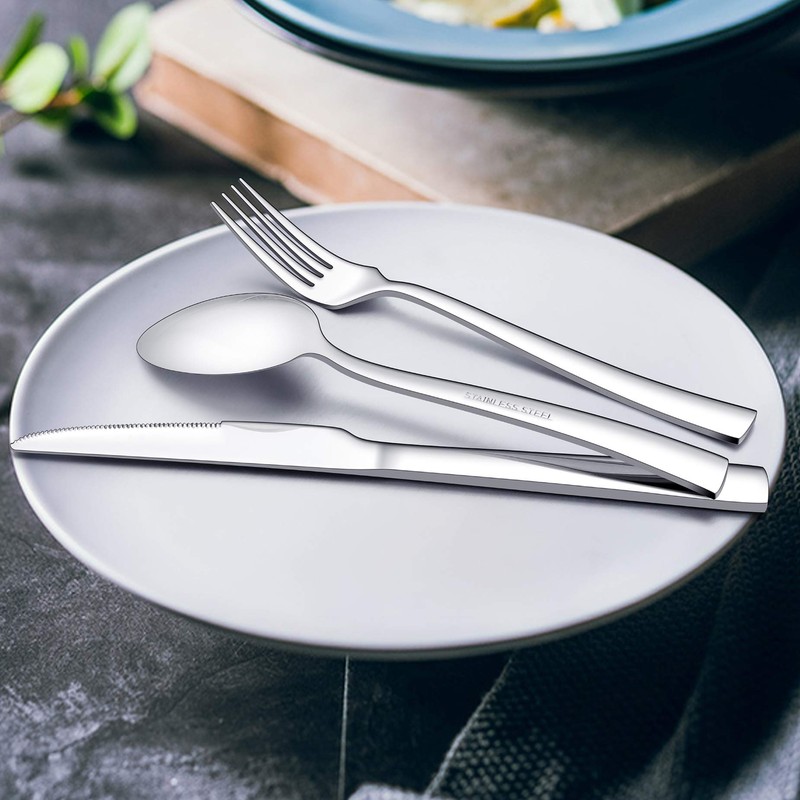 LIANYU 50-Piece Silverware Set, Stainless Steel Square Flatware Cutlery Set