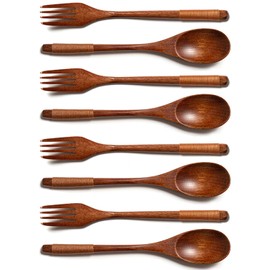 Pack of 8 Wooden Cutlery, Wooden Fork, Wooden Spoon, Wooden Spoon, Wooden Kitchen Utensils, Reusable Natural Wooden Spoon Fork Set, for Party, Banquet, Buffet, Catering, Everyday Life, Brown (Random