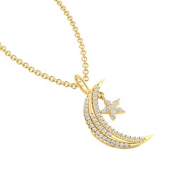 Belinda Jewelz 14K Solid Yellow Gold Moon and Star Charm Pendant with 0.16 carats Round Cut 53 0.8mm White Diamond in Prong Setting for Necklace, Bracelet & Anklet to Gift