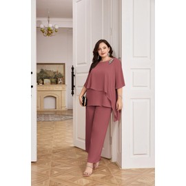 Hanna Nikole Women's Large Sizes Chiffon Evening Suit Sets, Cocktail Party, Festive Elegant 2-Piece Set, Shirt and High Waist Trouser Suit, Two Pieces, Dark pink