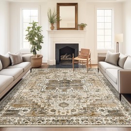 Roxstand 5x7 Area Rugs, Stain Resistant Machine Washable Area Rugs with Non-Slip Backing, Vintage Rugs for Bedroom, Living Room, Large Soft Low Pile Area Rug (Beige/Brown, 5'x7')