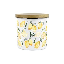 Purely Home Painted Lemons Tea Canister - White Metal Enamel Kitchen Food Storage Container