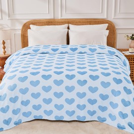 FY FIBER HOUSE Heart Flannel Throw Blanket for Mom Soft Cozy Blankets for Lover Gifts All Season Use, 50x60 Inches, Blue