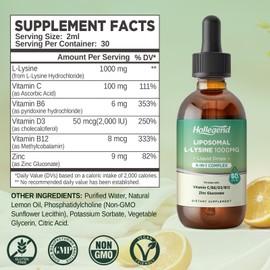 Liposomal L-lysine 1000MG Liquid Drops, Lysine Supplement for Women & Kids with Vitamin C, B6, D3, B12 & Zinc Gluconate, Skin & Lip Health, Immune & Collagen Production Support, Lemon Flavor, 2 fl oz