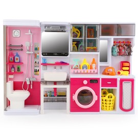 Doll Mini Bathroom Laundry Playset for Kids, House Furniture Pretend Play Toy Accessories Set with Realistic Lights & Sounds for Toddlers, Girls (4-in-1 Bathroom Set)