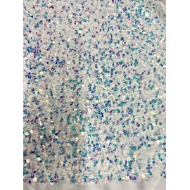 Stephanie Silver Iridescent Overlap Sequins on White Stretch Velvet Fabric by The Yard for Gowns, Apparel, Costumes, Crafts - 10185