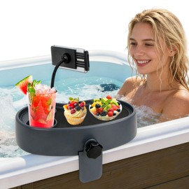 Lanathel 3-in-1 Adjustable Hot Tub Tray Table with 360° Rotation Phone Holder & 2 Cup Holders, Non Slip & Drainage Design, Fits Width 2.36" to 7.48" Hot Tub/Spa/Above Ground Wide Wall Pool (Gray)