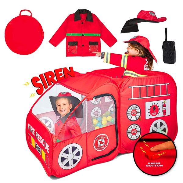 Kiddey Fire Truck Tent for Kids | Firetruck Play Tents with Sirens and Fireman Sounds for Girls, Boys, & Toddlers Gifts | Red Fire Engine Pop Up Playhouse with Costume | Indoor & Outdoor Baby Tent