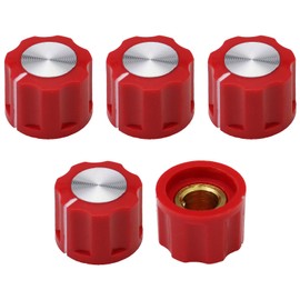 6.4mm Round Hole Small Fluted Silver Cap Retro Style Amplifier/Instrument Control Knob Pack of 5 (Red)