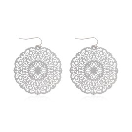 Moroccan Filigree Geometric Drop Earrings - Bohemian Metallic Cutout Hook Lightweight Dangles (Round Filigree Hook Earrings - Matte Silver)