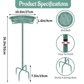KHayRovies Metal Bird Bath for Outside, 36.2" Height Birdbath Bowl Standing Bird Feeders for Outdoors with 4 Prongs Base Stake, Freestanding Birdfeeders for Garden Yard Lawn Decor (Retro Green)