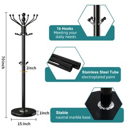 OIRUMIE Modern Coat Rack with Natural Marble Base, Metal Freestanding Coat Rack with 16 Hooks, Sturdy Coat Rack Stand for Hanging Scarf, Bag, Jacket, Standing Coat Hall Tree Hanger Holder Stand