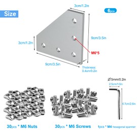 6 Pieces L Shape Corner Aluminum Profile 5 Hole L Shape External Profile Joining Plate with 30 M6 Nuts 30 M6 Screws 1 M4 Wrench for 3030 Aluminum Profile