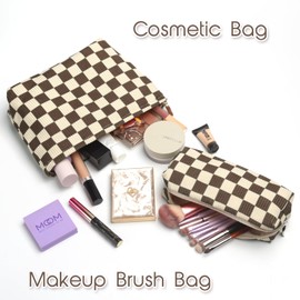 SANYETS 3 Pieces Checkered Cosmetic Bags,Brown Makeup Bag, Small Make Up Pouch for Purse, Corduroy MakeUp Brush Bag, Aesthetic Preppy Stuff,Makeup Bag Travel Accessories