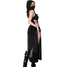 Lucky2Buy Rave Outfits for Women High Split Slim Hooded Black Knit Dress Cover Ups Streetwear (Medium)