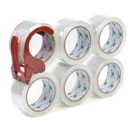 6 Rolls BOMEI PACK Clear Packing Tape with 1 Dispenser, Heavy Duty Packaging Tape for Moving Shipping Sealing and Storage, 45 Micron Thick, 48mm x 50m Per Roll