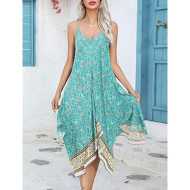 Chigant Women Summer Spaghetti Strap Floral Asymmetrical Irregular Hem Casual Long Dresses Green M