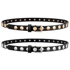 WERFORU 2 Pack Women Skinny Studded Belt Fashion Leather Waistbelts for Women Black Studded Belt for Jeans Pants Dresses 0.71" Width,A-Black-Gold+Silver,31"-35" Waist Adjustable