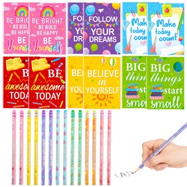 HOWAF 12 Pack Mini Motivational Notebooks & Motivational Pencils, Inspirational Notebooks Small Pocket Notepads, Motivational Gifts for Students from Teachers, End of Term Gifts for Children