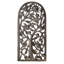 Le Primitif Galleries Haitian Recycled Steel Oil Drum Outdoor Decor, 11 by 22.75-Inch, Tree Window
