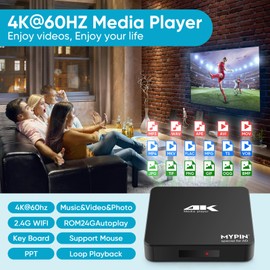 4K Media Player, MYPIN HDMI MP4 Media Player Support 14TB HDD/ 512G USB Drive/SD Card with HDMI/AV Out for HDTV/PPT MKV AVI MP4 H.265-Support Advertising Subtitles/Timing, Networkable