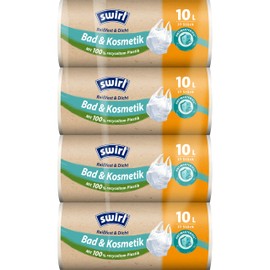 Swirl Sacchetti della spazzatura antistrappo e ermetici, per bagno e cosmetici, 10 l (4 x 37 sacchetti), a prova di goccia, resistenti agli strappi, con pratica maniglia per il trasporto