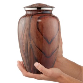 Reminded Adult Cremation Memorial Urn for Human Ashes, Cherry Wood Grain Brass Funeral Urn with Velvet Bag