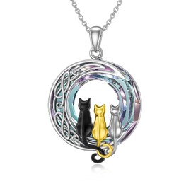 TOUPOP Gifts for Cat Lovers Sterling Silver 3 Cats Necklace with Crystal Birthday Christmas Celtic Jewelry