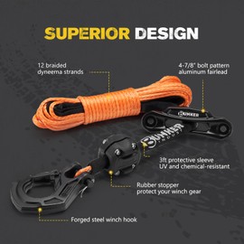BUNKER INDUST 3/16" x 50' Synthetic Winch Rope Kit,8200 LBS Winch Line Cable Replacement with Protective Sleeve+Winch Fairlead+ Stopper+Hook for 4WD Off Road Vehicle ATV UTV SUV(Orange)