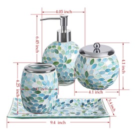 KMwares Mosaic Glass Decorative Bathroom Accessories Set 4PCs - Includes Hand Soap Dispenser & Cotton Jar & Toothbrush Holder & Vanity Tray - Mixed Color with Blue, Green, White