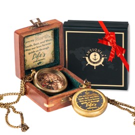 Antiqula Brass Love Compass with Wooden Box, Antique Love Compass to Travel with Engraved Love Quotes, for Him, Anniversary, Husband & Wedding