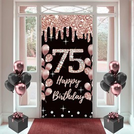 75th Birthday Decorations for Women, Happy 75 Years Old Fabric Sign Poster Rosegold Backdrop Door Banner, 75th Birthday Party Supplies Photo Background Welcome Sign, 180 cm x 90 cm