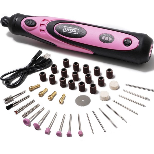 UTOOL Cordless Rotary Tool, 3.6V Li-ion Electric Nail Drill Mini Multi Tool with 42 Accessories, USB Charging Cable and 3 Variable Speed of 5000~15000rpm for Small Light DIY Projects, Pink
