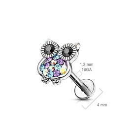PiercedOff 316L Surgical Steel Labret with Jewelled Owl - Length 6mm Width 1.2mm