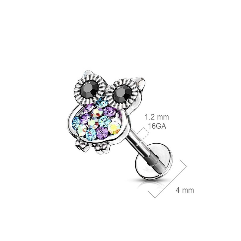 PiercedOff 316L Surgical Steel Labret with Jewelled Owl - Length