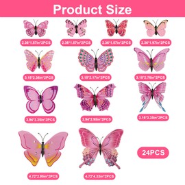 24 Stück Schmetterling Deko, 3D Flügel Schmetterlinge Deko mit Sicherheitsnadeln Brosche, PVC Frühlingsdeko für Schlafzimmer Wohnzimmer Büro Garten Tisch Dekoration (rosa)