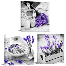 Nachic Wall - 3 Piece Canvas Wall Art for Bedroom Bathroom Wall Decor Purple Lavender Flower and Zen Stone Painting Pictures Print on Canvas Spa Still Life Artwork Framed Ready to Hang