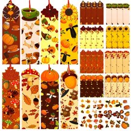 Spiareal 24 Sets Fall Decor Autumn DIY Bookmarks for Kids Thanksgiving Fall Craft Kits Paper Blank Bookmarks Art Set with Maple Leaves Turkey Acorn Mushroom Sunflower Pumpkins Stickers for Art Kit