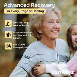 ZENKEYZ Rotator Cuff Shoulder Brace - Gray, S/M, Left & Right - Upper Arm Compression Sleeve for Injury Recovery - Arm Sling Shoulder Immobilizer with Ice Pack Pocket - Rotator Cuff Relief, Idea for Athletes and Seniors