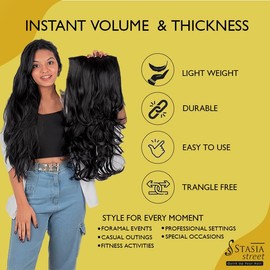 Stasia Street 24-Inch Out Curl Clip-In Korean Synthetic Breatheable Hair Extensions for Women Natural Look Instant Volume & Length – Natural Black
