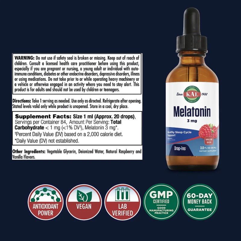 Kal Melatonina 3mg Gotas Sabor Frambuesa 3 Fl Oz