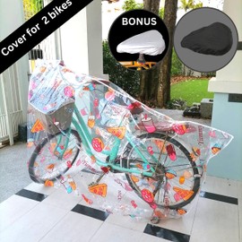 Bike Cover, Cute Clear Outdoor Storage Waterproof Bicycle Covers Heavy Duty Ripstop Material, Protection for All Types of Bicycles, Plus UV Protector Saddle Cover (For Two Bike (Pizza))