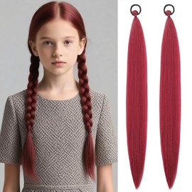 Ponytail Extension with Hair Tie 2 Packs, Hair Extensions for Braiding, Crazy Hairs Day Pony Tail Extensions for Braids, Hairpieces for Girls Women Kids, Wine Red
