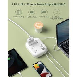 European Travel Plug Adapter with USB C, ROOTOMA Outlet Adapter US to Europe 3 Outlets 3 USB Ports, International Power Strip for EU Spain France Germany Iceland Greece, 3ft, White