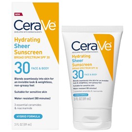 CeraVe Hydrating Sheer Sunscreen SPF 30 for Face and Body | Mineral Sunscreen & Chemical Sunscreen with Zinc Oxide, Hyaluronic Acid, Niacinamides and Ceramides| Paraben Free Fragrance Free | 3 Ounces