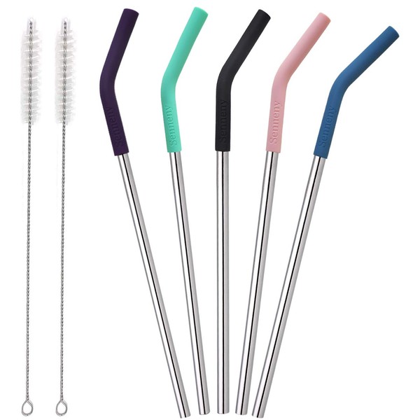 Senneny Set of 5 Stainless Steel Straws with Silicone Flex Tips Elbows Cover, 2 Cleaning Brushes and 1 Portable Bag Included (Silver)- 8mm diameter