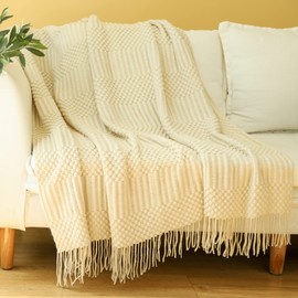 Blagic Knitted Throw Blanket for Couch, Bed and Sofa. Super Soft Blanket with Tassels, Beige Throw Blanket, 60 x 80Inches Lightweight & Cosy Home Decor
