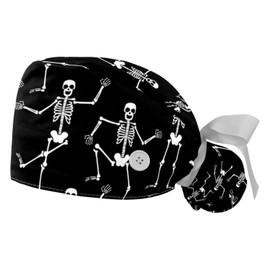 Funny Skeletons Dancing Working Caps with Buttons, Long Hair Scrub Hats Ponytail Holder for Women