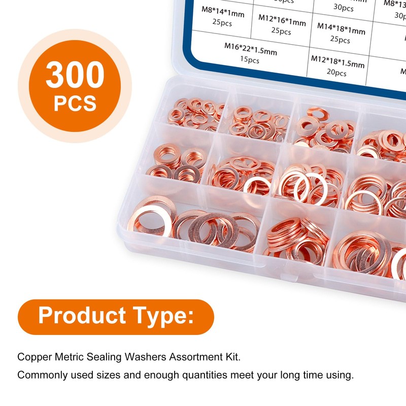 LordHardware 300PCS Copper Crush Sealing Washers Assortment Kit M5 M6