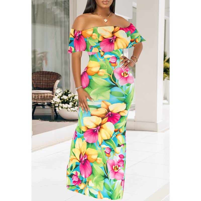 Women's Sexy Off Shoulder Maxi Dress Hawaiian Floral Evening Gown